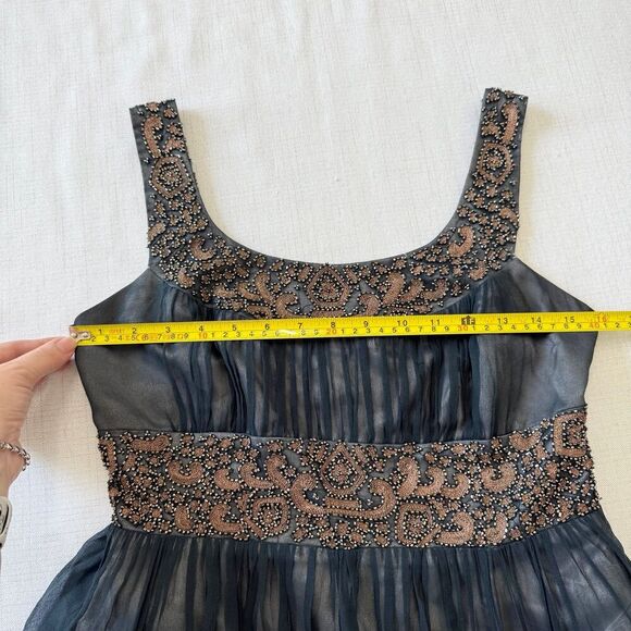 Adrianna Papell Navy Silk Pleated Babydoll Beaded Whimsigoth Grunge Prom Gown 6 - Picture 5 of 13